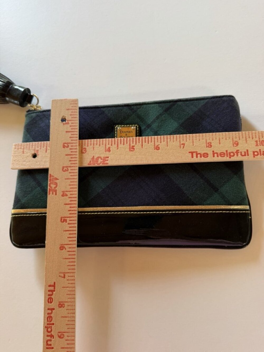 Dooney & Bourke green blue tartan plaid patent leather clutch tasseled preppy - Picture 8 of 11
